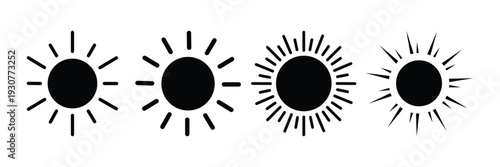 Sun Icon Set – Sunshine, Solar Energy, Sunrise and Sunset Vector Symbols