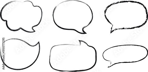 A collection of six blank speech bubbles in various shapes and sizes