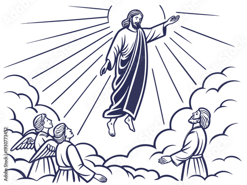 Minimal Ascension Day vector design, silhouette of Jesus rising toward the sky, glowing halo, simple clouds, elegant line art, monochrome with gold accents, church poster style.