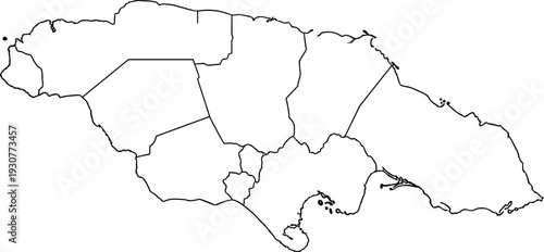Black and White Outline Map of Jamaica with Administrative Parish Borders Isolated on White Background for Educational Geography and Vector Design Projects