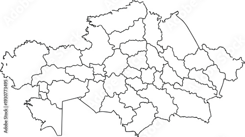 Black and White Outline Map of Kazakhstan with Administrative Regions Borders Isolated on White Background for Educational Geography and Professional Vector Design