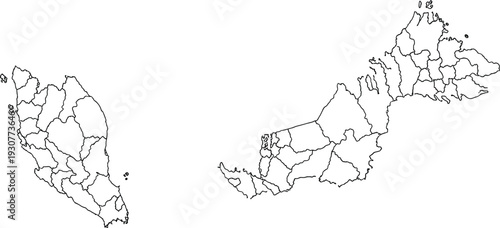 Blank Administrative Outline Map of Malaysia Featuring Thirteen States and Three Federal Territories with Black Borders on White Background for Geography Education