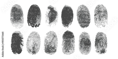 Set of black ink fingerprint textures with grunge details for forensic identification and security design vector illustration