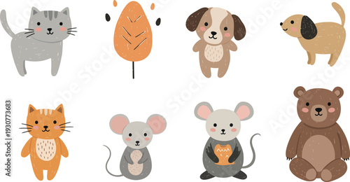 Eight cute cartoon animals cat dog hamster mouse and bear on white background