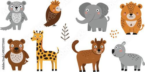 Colorful illustration of various cute animals on a white background