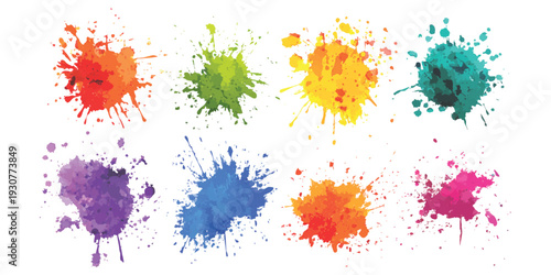 Set of colorful watercolor paint splashes and ink splatters with vibrant rainbow colors on white background vector illustration