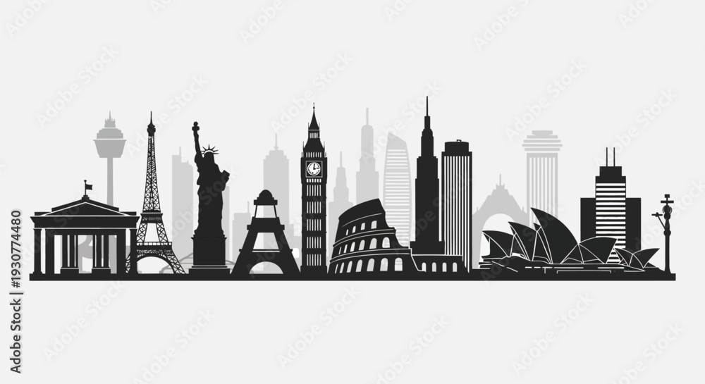 Naklejka premium City skylines, famous landmarks, black and white illustration, urban landscape, travel icons