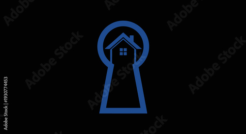 A blue house icon embedded within a keyhole shape against a black background