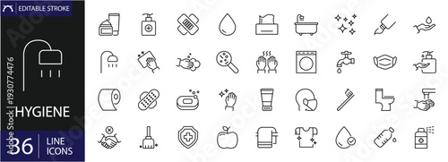 Hygiene icons set. Includes symbols of hand washing, cleanliness, soap, masks, and personal care. Editable stroke. Vector illustration. Outline icons. Perfect for healthcare.