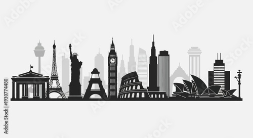 City skylines, famous landmarks, black silhouettes, urban landscapes, travel icons