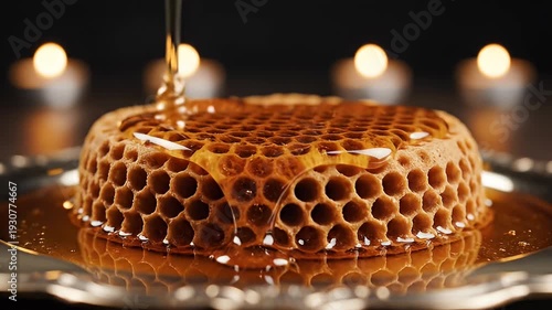 Honey Drizzling on a Honeycomb Cake: A Close-Up Culinary Delight