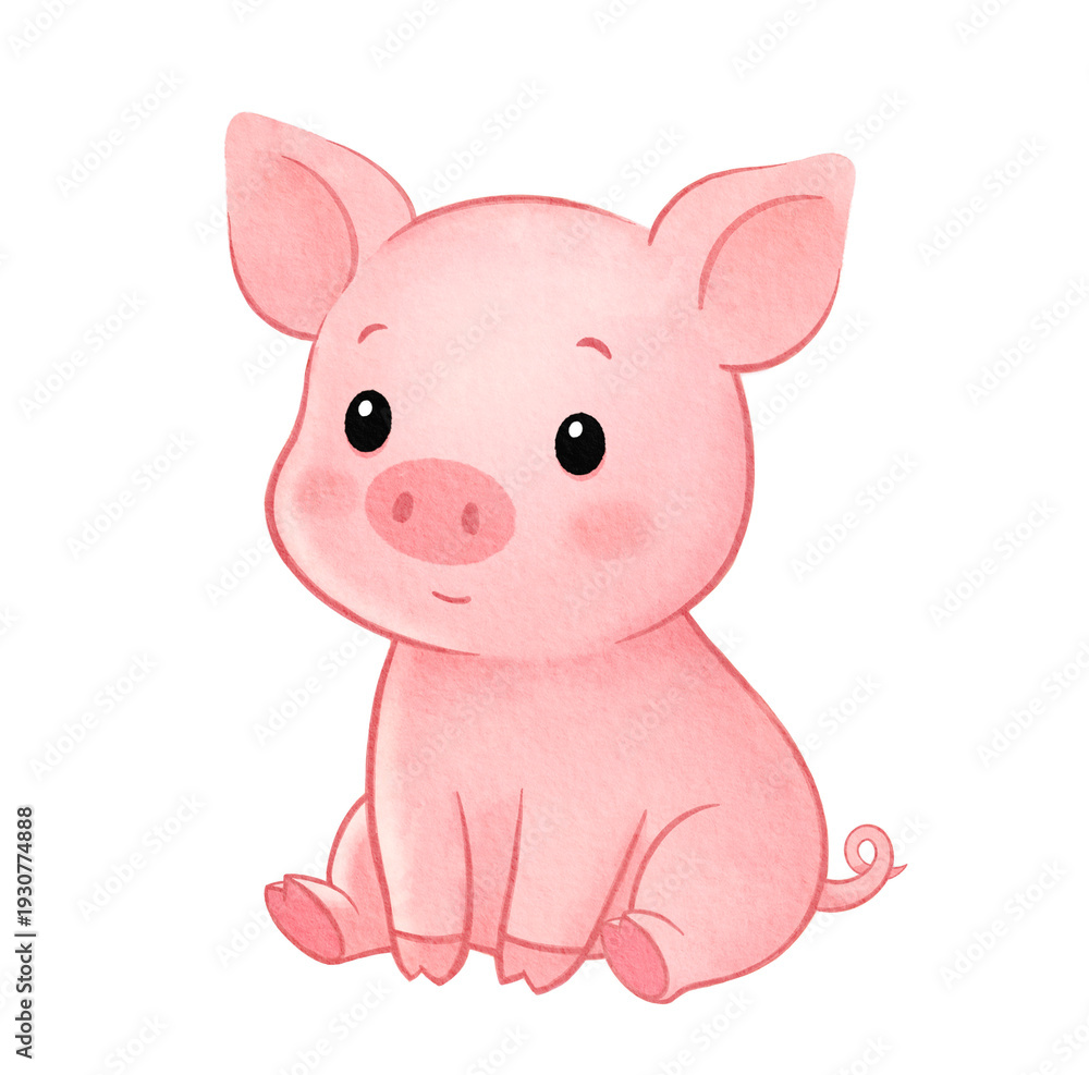 Fototapeta premium Cute cartoon illustration of a pig sitting, kawaii piglet, waterolour clip art