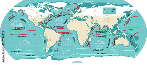 World Ocean Currents Map with Warm and Cold Stream Directions Illustration