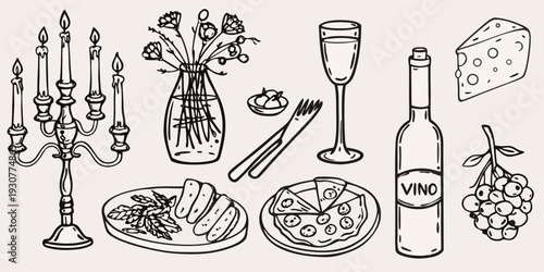 A charming sketch depicting a celebratory still life with food and drink