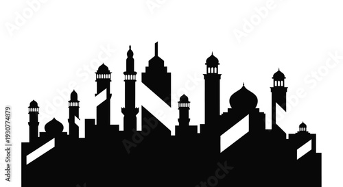 City skyline, mosque silhouette, black icons, urban landscape, architecture symbols