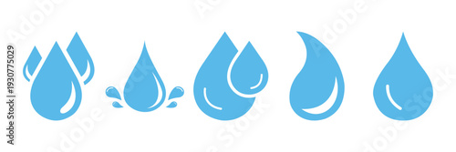 Water Drop Icon Set – Blue Raindrop, Splash, Oil and Liquid Droplet Vector Symbols