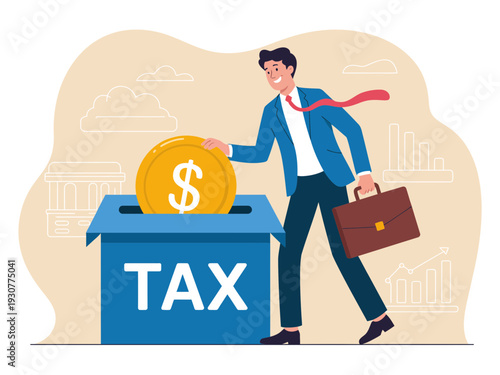 A businessman putting money into a tax box with a dollar coin on top, symbolizing financial responsibility and tax payment.