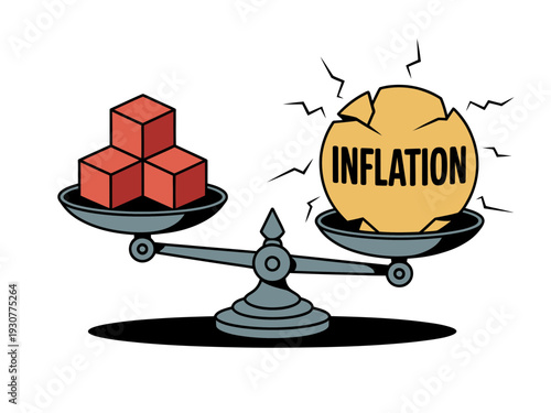 A vector graphic illustration of a scale with red cubes on one side and a broken inflation symbol on the other, representing economic imbalance.