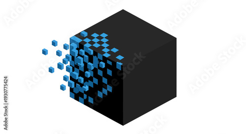 Abstract illustration of a digital cube with data fragmentation and spatial disintegration