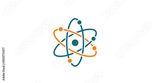 Abstract illustration of an atom with orbital rings and particles on a white background