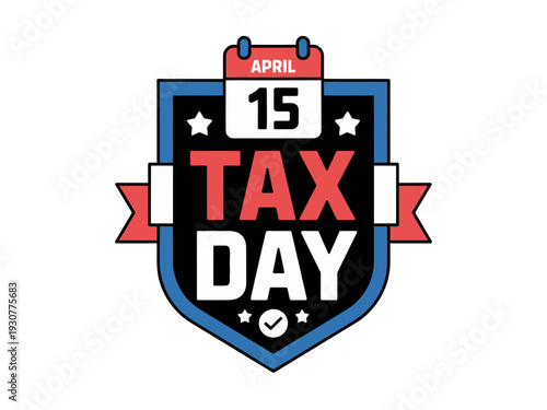 A vector graphic illustration of a Tax Day badge with a calendar and shield design