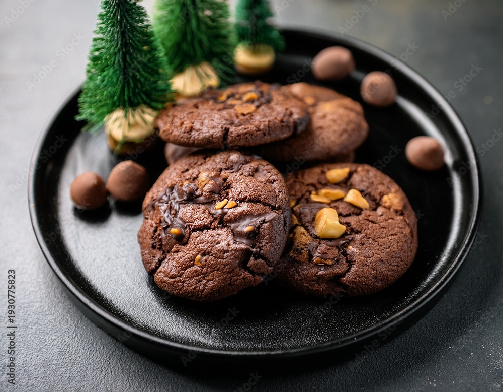 Fototapeta premium close up freshly baked homemade chocolate soft cookies mixed toppings biscuits wafer chocolate chips on black ceramic plate decorate with little tree dessert snack bakery yummy delicious tasty concept