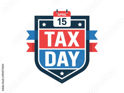 A vector graphic illustration of a Tax Day badge with a shield design and calendar icon