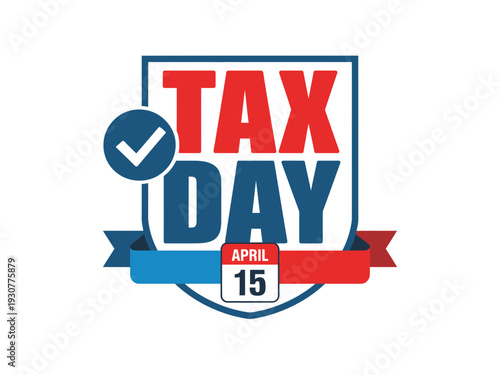 A colorful vector graphic illustration of a Tax Day logo with a checkmark and calendar date