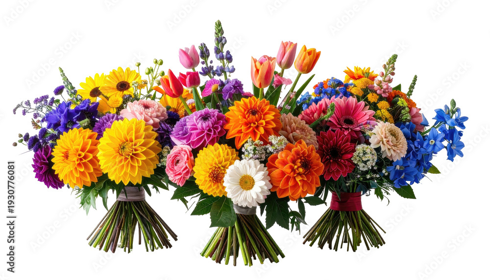 Obraz premium Three vibrant floral bouquets, each with a unique array of colorful blossoms