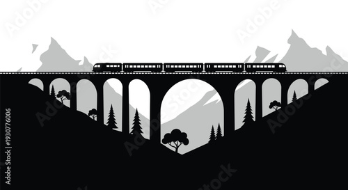 Vector illustration of train on bridge with mountain landscape