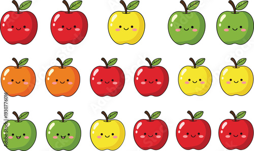Cute Kawaii Apples Collection with Red Green and Yellow Smiling Fruit Characters Vector Illustration Set