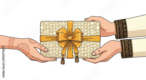 Hands exchanging a beautifully wrapped gift with a golden ribbon