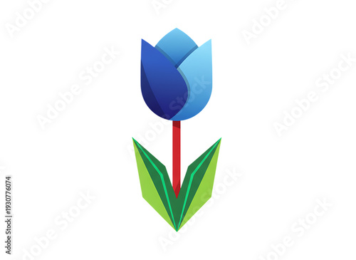 Vibrant blue tulip flower illustration with green leaves, vector art, perfect for spring designs