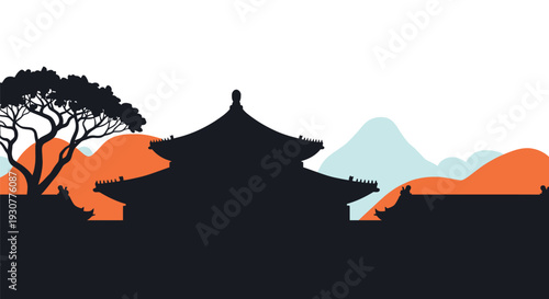 Vector silhouette landscape with pagoda tree and mountains