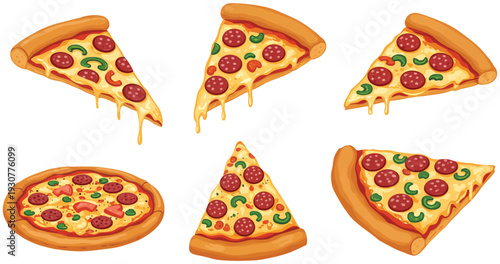 Pepperoni pizza slices and whole pizza on a white background