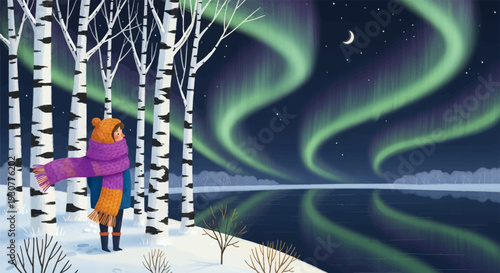 Couple embracing under the aurora borealis in a snowy forest.