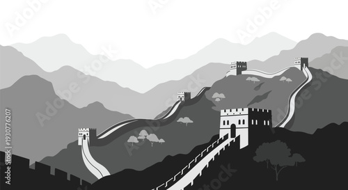 Vector illustration of the Great Wall of China in grayscale