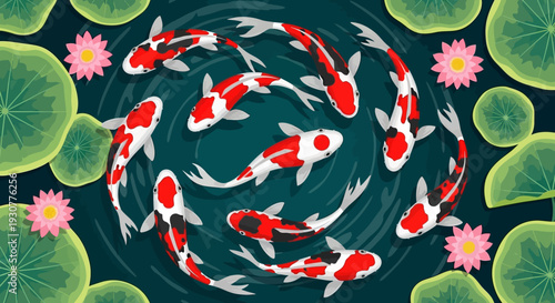 Vibrant Koi Fish Swimming in a Circular Pattern.