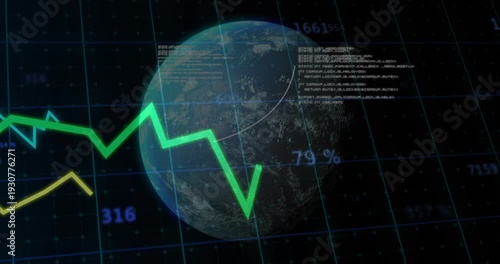 Translucent 3D globe showing metrics, label appearing; green trace entering and spiking to annotate