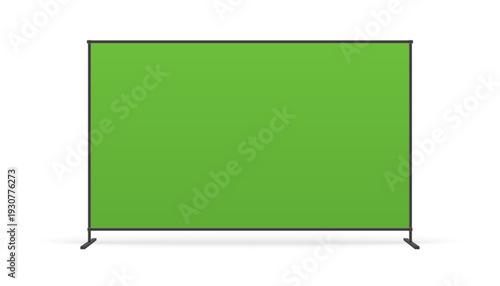Wide green screen stand mockup isolated on white studio background.