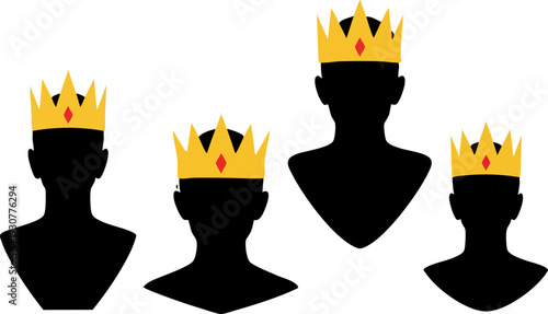 Set of 4 Black Silhouettes with Golden Crowns Vector