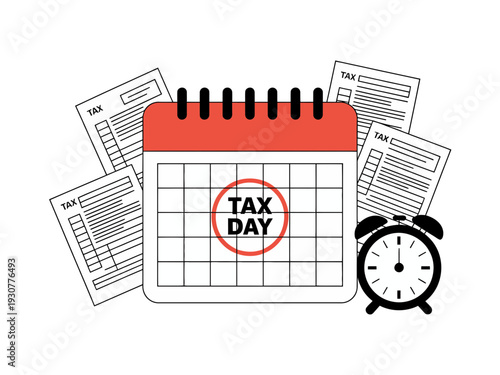 A vector graphic illustration of a calendar marking tax day with a red circle and an alarm clock, surrounded by paperwork.