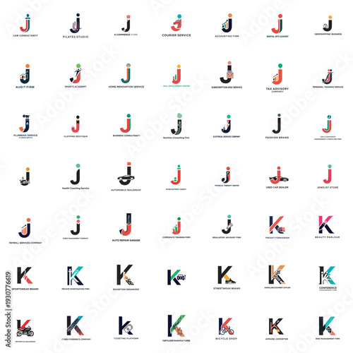 Alphabet letter j and k typography variations vector
