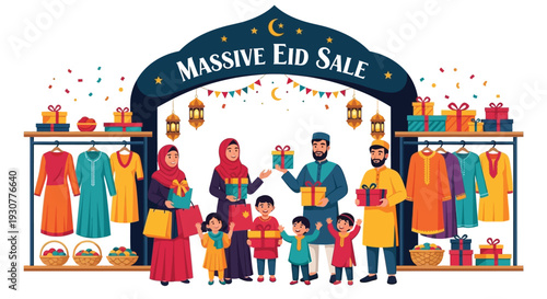 Eid sale illustration featuring a family shopping for festive clothes and gifts