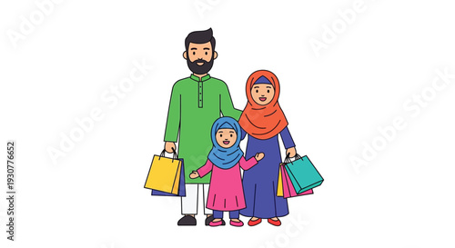 A muslim family with children shopping and carrying bags