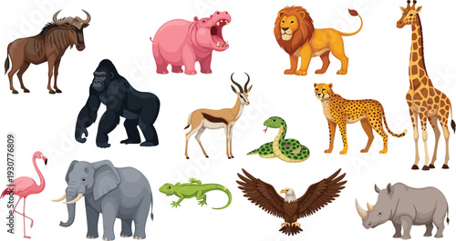 Photography African Safari Wild Animals Set with Lion Giraffe Elephant Rhino Gorilla and Exo