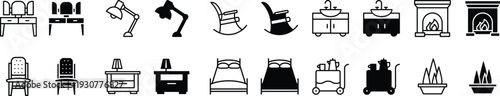 Home Furniture and Interior Icons Set – Bed, Chair, Desk, Lamp, Sink, Fireplace, Rocking Chair and Tea Cart Vector Line and Solid Collection.