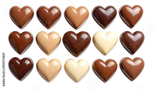 Rows of glossy, heart-shaped chocolates in varied shades of brown and beige sit against a stark black background