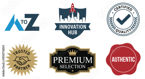 collection, of six premium quality logos and badges for business and innovation, featuring professional corporate ranks, executive leadership titles, and modern branding elements.