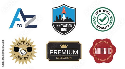 collection, of six premium quality logos and badges for business and innovation, featuring professional corporate ranks, executive leadership titles, and modern branding elements.